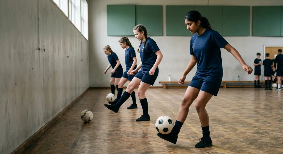 A row of players works against a gym wall, the nearest taking her first touch across her body into space.