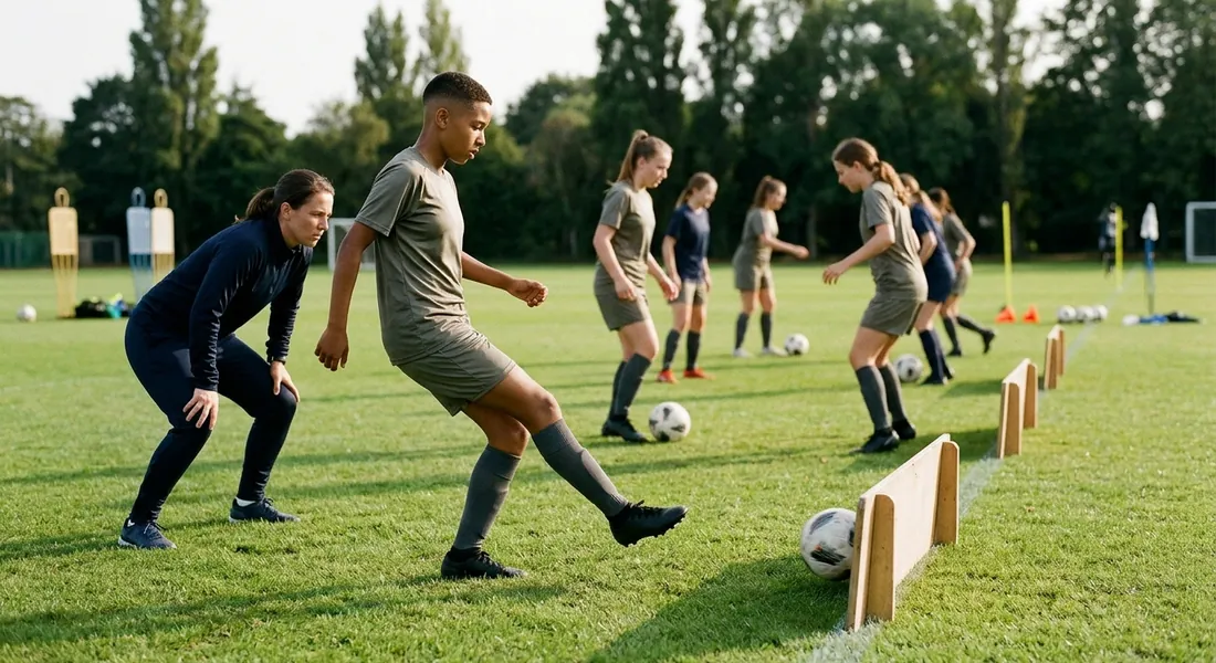 A player passes into a rebound board with her weaker foot, plant foot pointing at the target, as a coach watches.