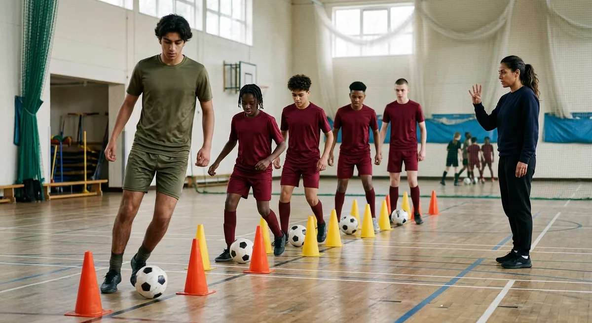 A squad in maroon dribbles figure eights round pairs of cones with their heads up.