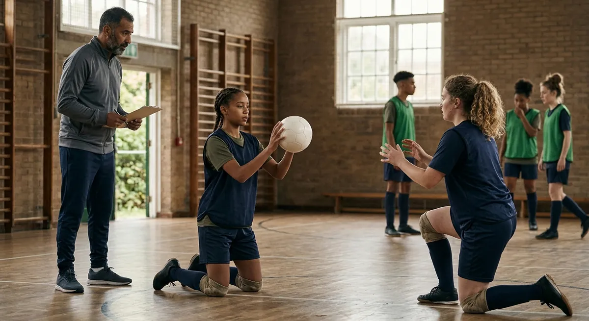 Two keepers in navy kneel and catch underarm serves at the chest in a W.