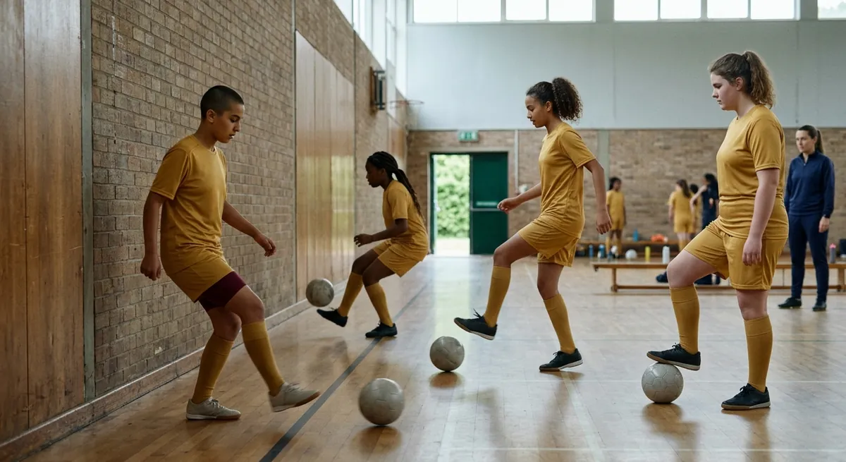 A team in gold passes with the outside of the foot against a gym wall, hips still.