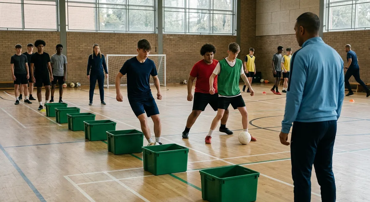 Pairs in green shadow each other low across still balls in a row of cone boxes.