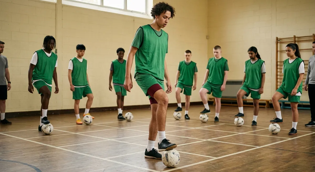 A team in green drags balls back with the sole in a grid of tape squares.