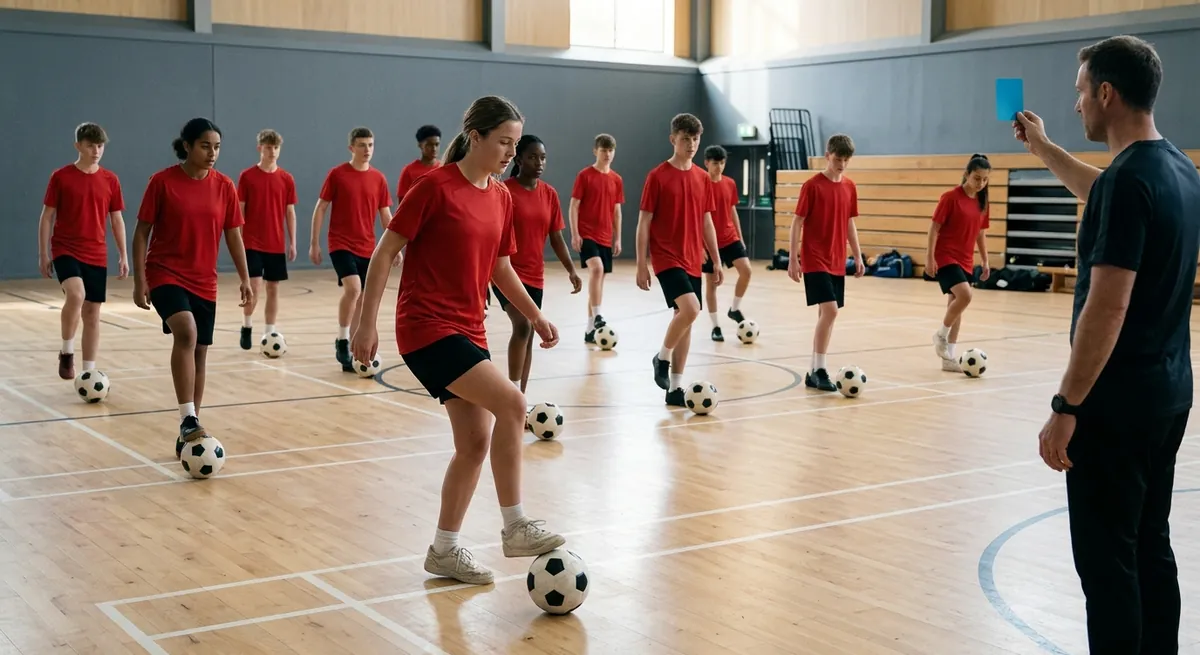 A dozen players do fast toe taps in a sports hall with every head up, watching their coach hold up a card.