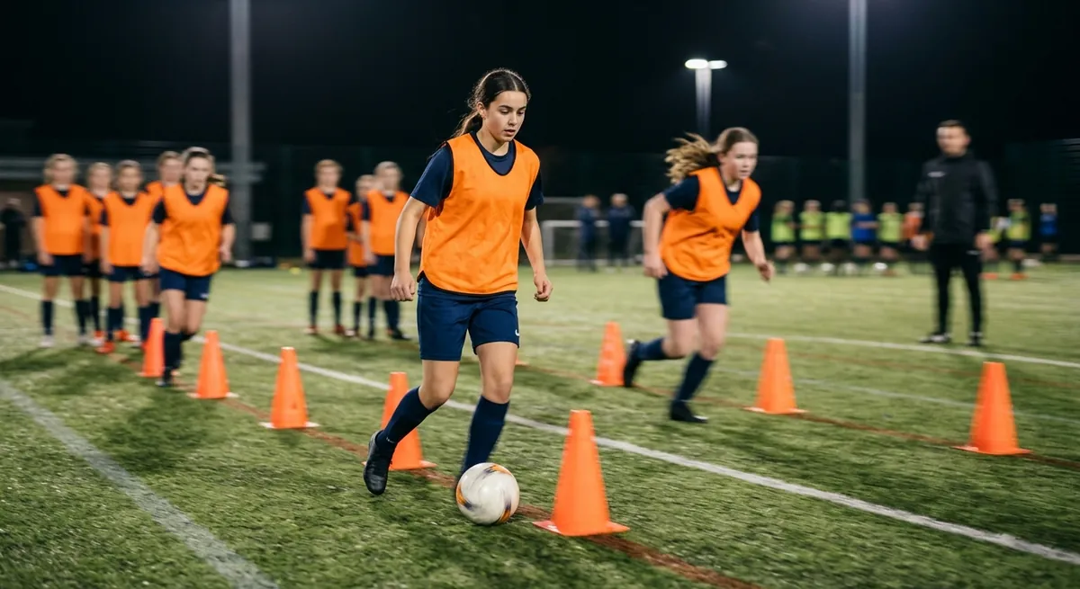 Players in orange bibs race through cone slaloms under floodlights, the nearest keeping the ball close with her head up.