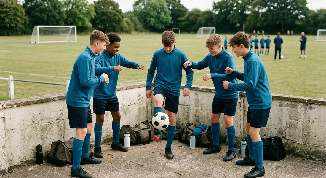 A teenager juggles while four teammates in teal stand round him counting aloud and trying to put him off.