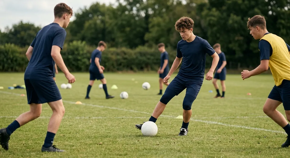 A player cushions a ground pass dead at his feet in a passing drill as a presser in a yellow bib closes in.