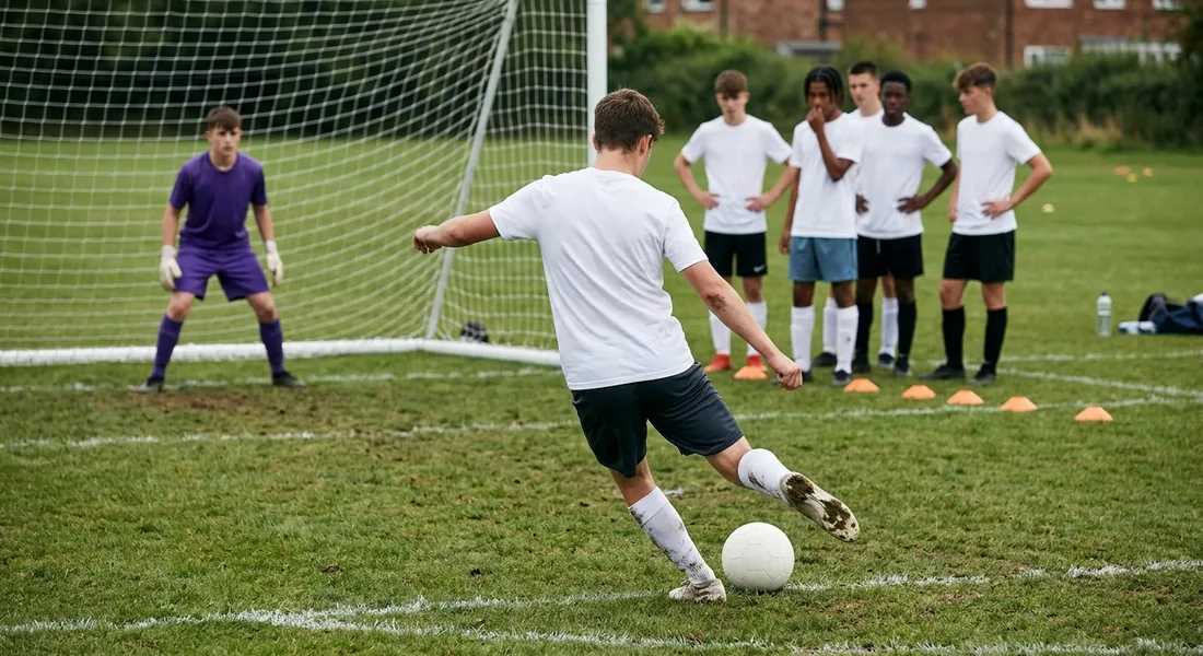 A striker in white hits a shot with her plant foot pointing at the far post as a keeper sets on the line.