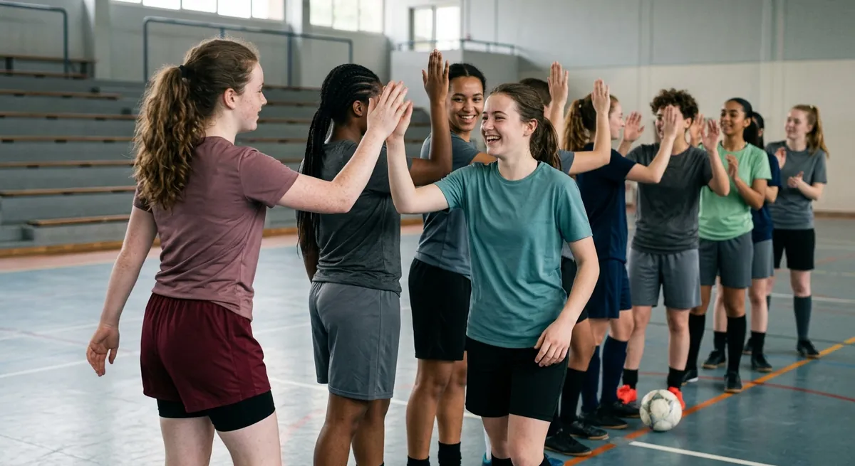 A teenager high-fives down a line of teammates after winning a futsal tournament in a sports hall.