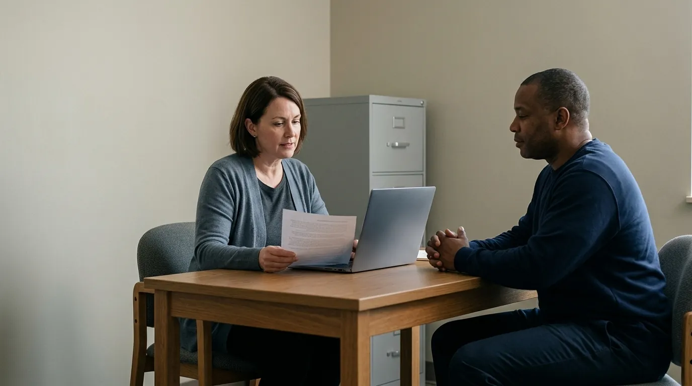 An evaluator at a desk holding a printed transcript and checking it against a laptop while the parent who issued it sits across the table.