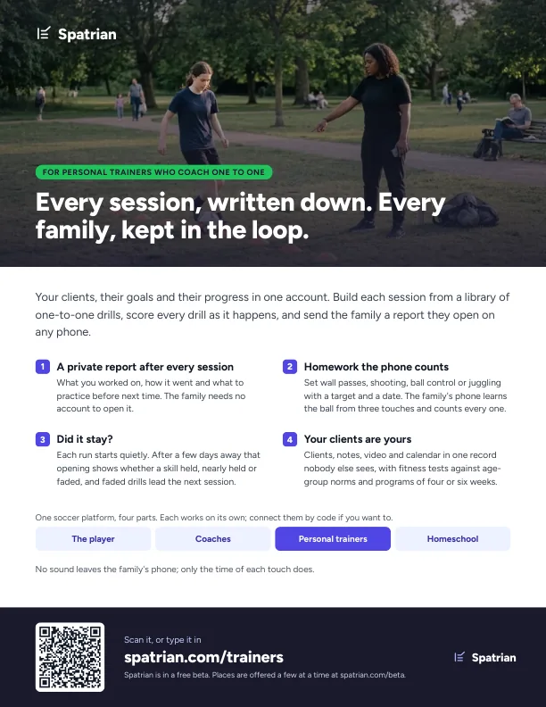 The trainers' sheet: every session written down, every family kept in the loop.