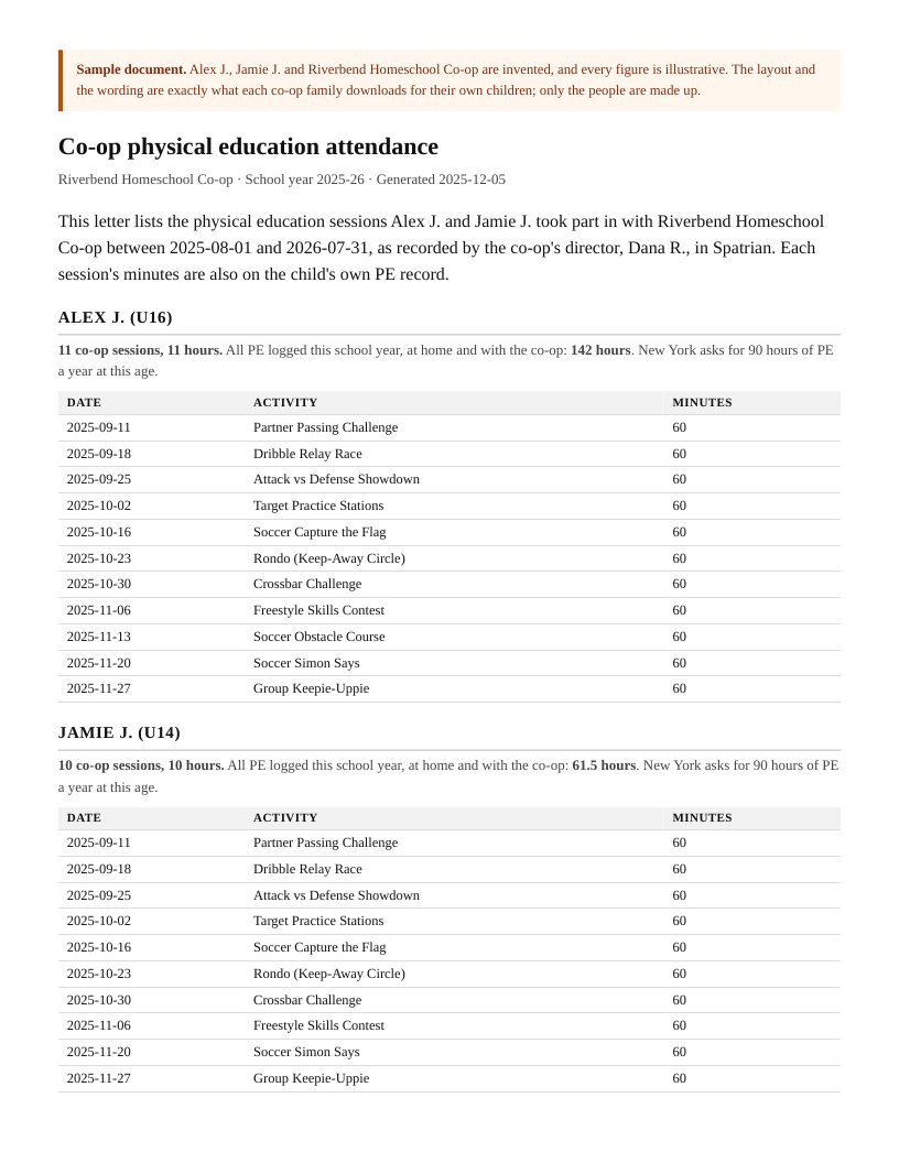 A sample co-op attendance letter: two children from one family, each with their co-op PE sessions by date and activity, their co-op hours, their whole year's PE hours and New York's requirement.