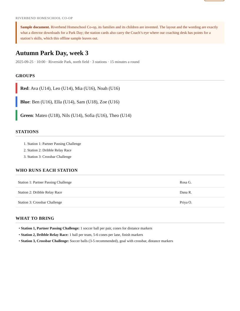 A sample Park Day pack: the day's three color groups by first name and age band, its three stations, who runs each station, and what to bring.