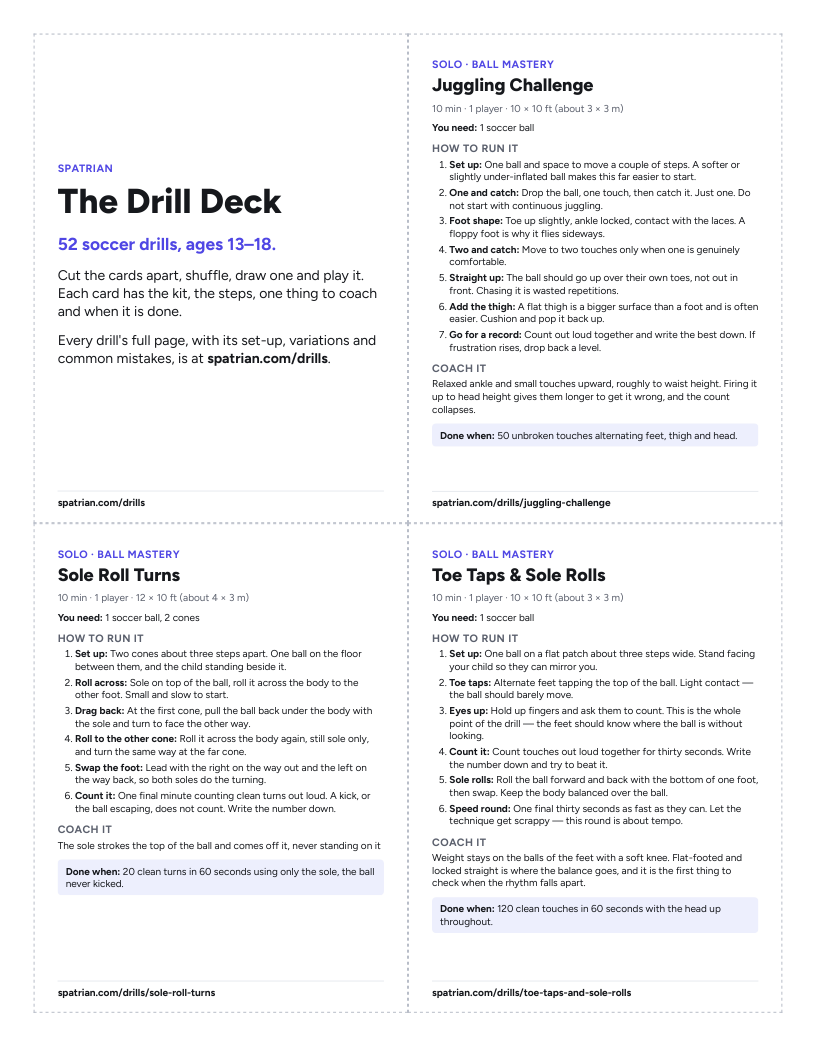 The first page of the Drill Deck: a cover card and three drill cards, each with what it trains, minutes, players and space, the kit, numbered steps, one coaching point, when it is done, and the drill's own address on spatrian.com.
