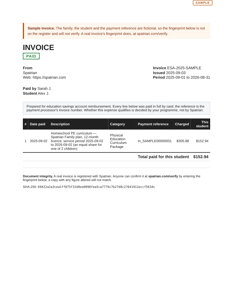 A sample invoice marked paid: one line for a 12-month homeschool PE curriculum license, shared between two children, with the payment reference and a fingerprint.