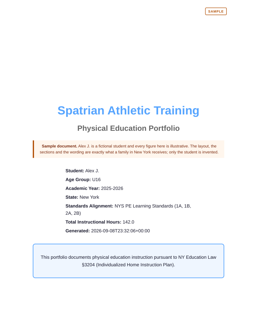 First page of the sample portfolio: the cover, with the student, age group, academic year, state, standards alignment and total hours, and the statute the portfolio is filed under.
